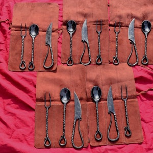 Hand Forged Medieval Cutlery Set with Suede Pouch- Historical Elegance for Your Table. Set of 5