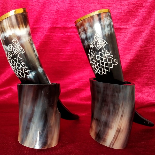 Natural Real Handmade Viking Drinking Horn 12-14" Pure Beeswax Cured 120ml With Brass Molding Wolf Design And Horn Holder