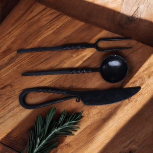 Hand Forged Medieval Iron Cutlery Set With Pouch. Home & Living Kitchen and Dining Cookware Cutlery Set.