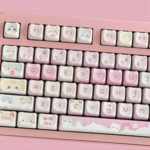 Juego de teclas con diseño de gato de dibujos animados kawaii de 141 teclas, teclas rosas, teclas de perfil MAO, teclas PBT, teclas cherry mx, juego de teclas para teclado mecánico