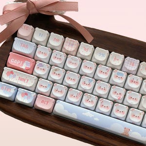 Juego de teclas con orejas de oso arcoíris kawaii de 130 teclas, lindas teclas emoji, teclas rosa azul, tecla PBT, tecla cherry mx, tecla de teclado mecánico