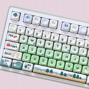 141keys Hand-drawn Fresh Green Forest Keycap Set, Green Keycaps, MOA Profile Keycaps, PBT Keycaps, cherry mx mechanical keyboard keycap Set