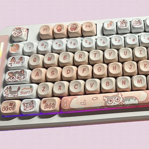 132keys Cute Cat Keycap Set, Pink Keycaps, MOC Profile Keycaps, PBT Keycaps, cherry mx keycap, mechanical keyboard keycap, Animal Keycaps