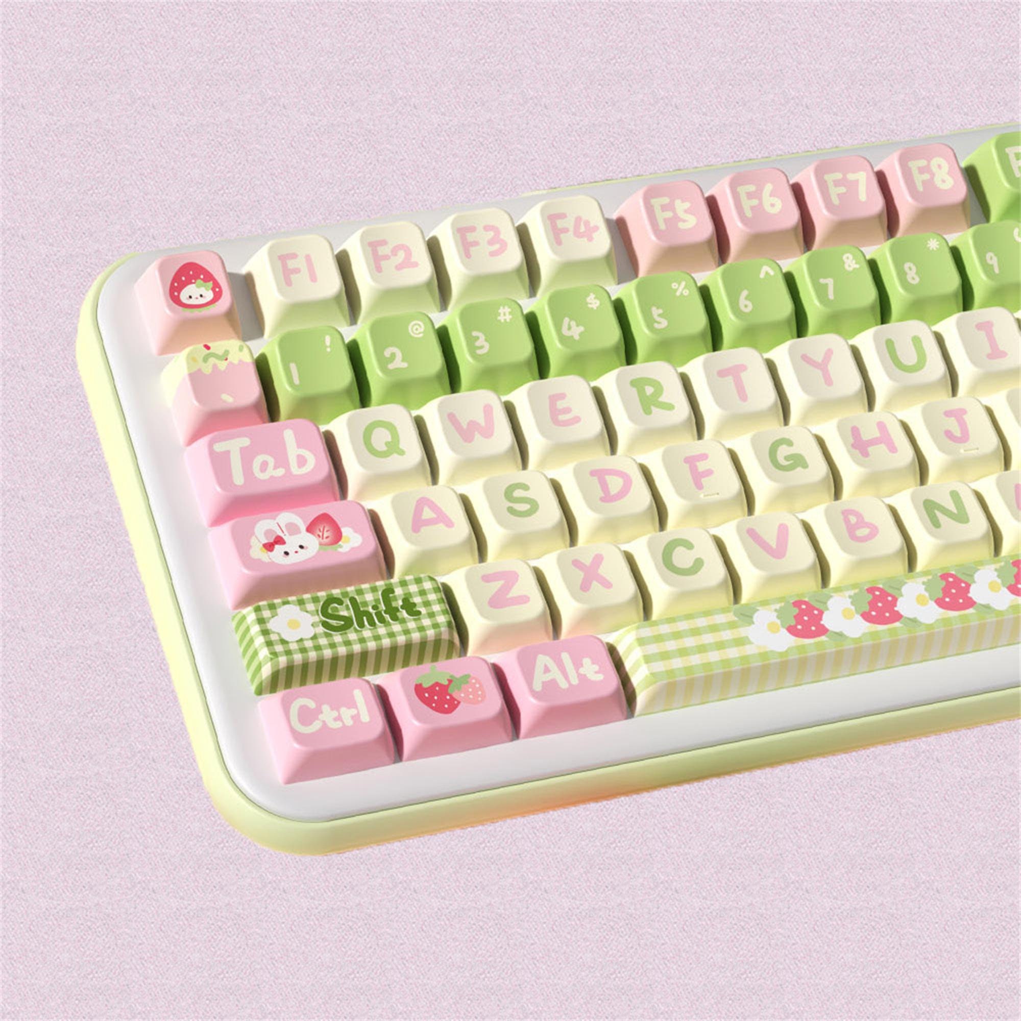 138keys Cute Strawberry Bunny Keycap Set, Green Pink Keycaps