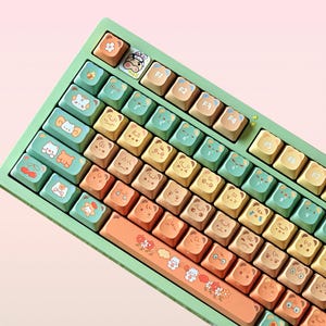 138keys Cute Bear Ear Keycap Set, Green Flower Keycaps, PDA Profile Keycaps, PBT Keycaps, Cherry MX Keycaps, Mechanical Keyboard Keycap Set