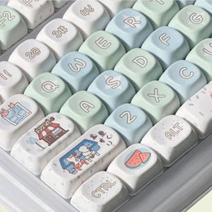131keys Kawaii Japanese Summer Festival Keycap Set, Green Keycaps, SOA Keycaps, PBT Keycaps, cherry mx keycap, mechanical keyboard keycaps