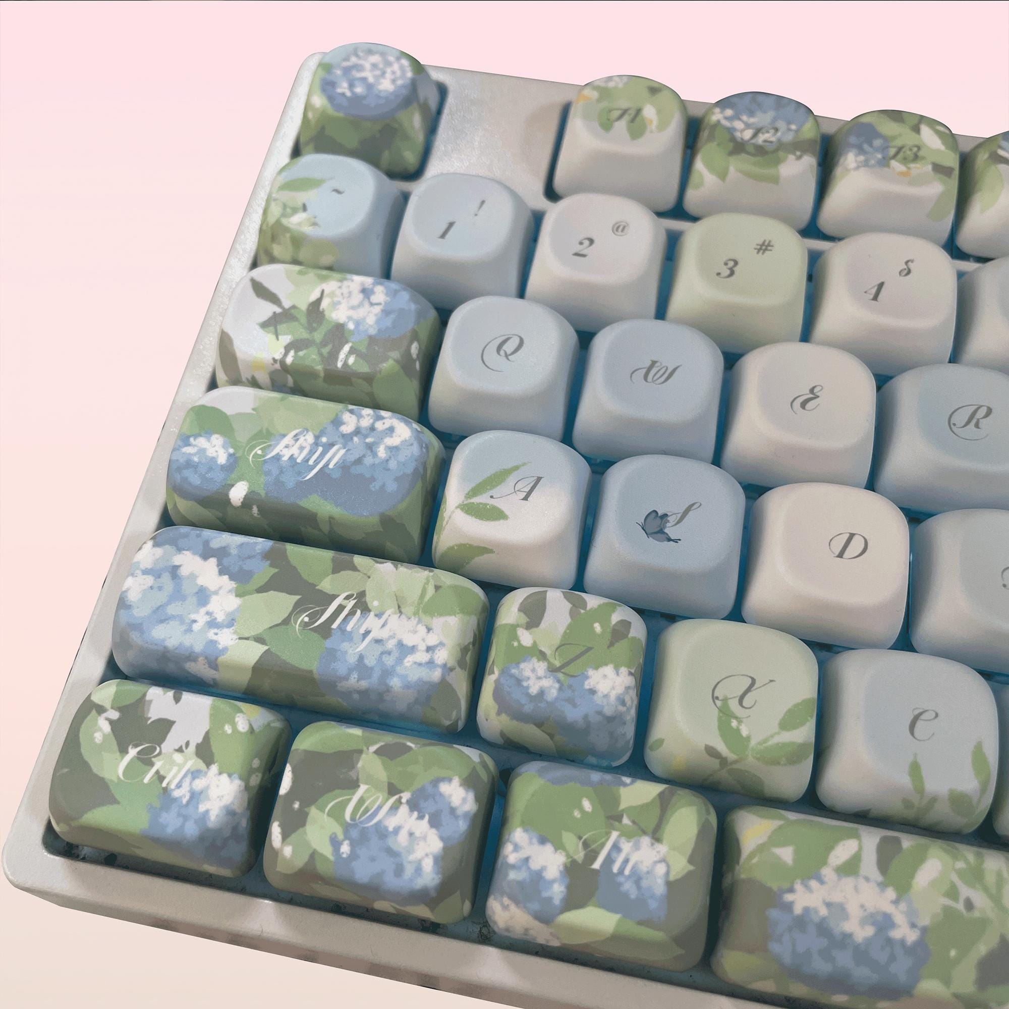 136 Keys Blue Hydrangea Keycap Set, Floral Keycaps, Cherry