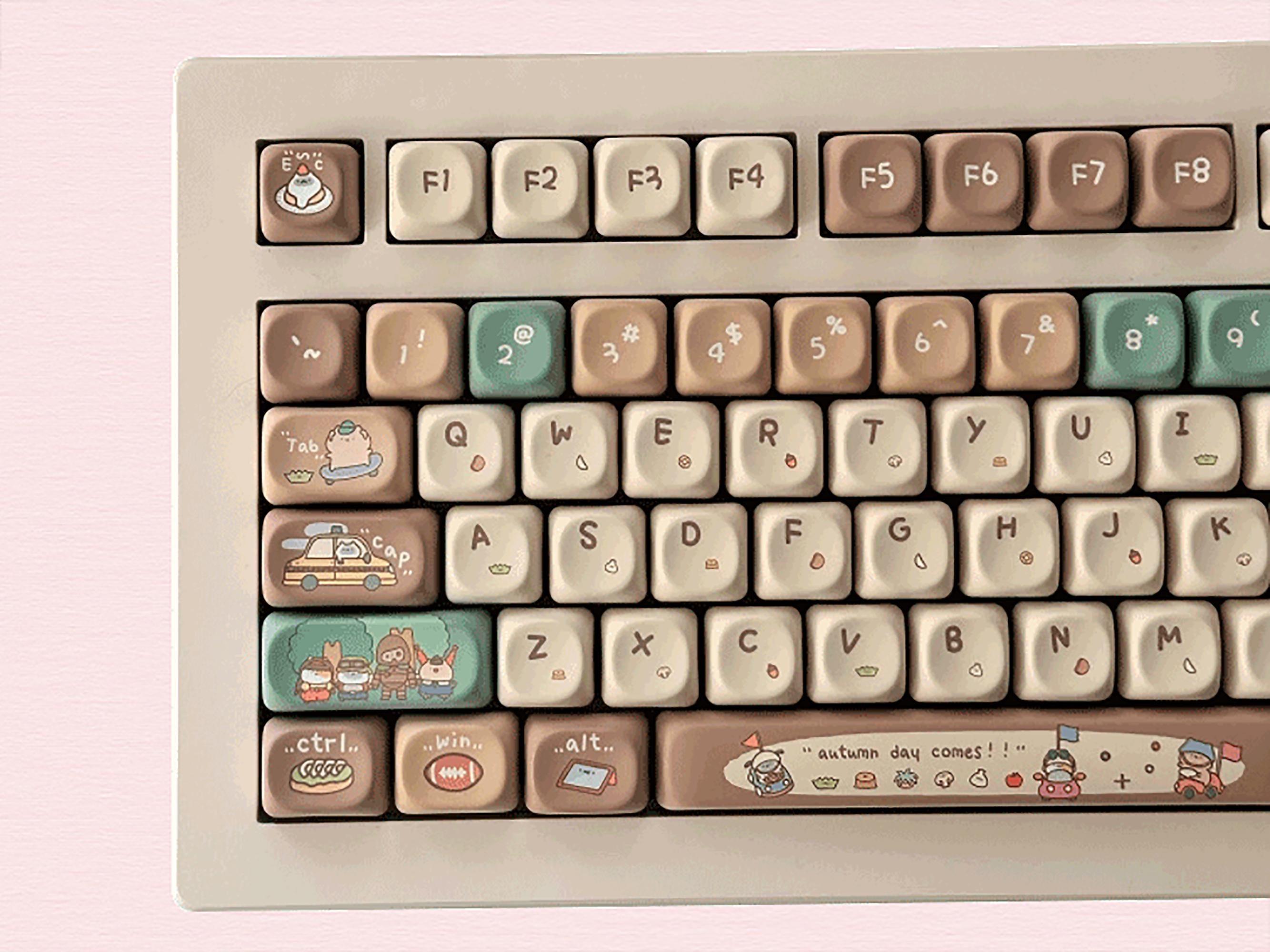 131 keys Cute Cartoon Keycap Set, Khaki Keycaps, XOA Profile Keycaps, PBT Keycaps, cherry mx keycaps, mechanical keyboard keycap Set, Gifts