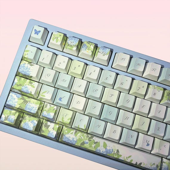 136 Keys Blue Hydrangea Keycap Set, Floral Keycaps, Cherry