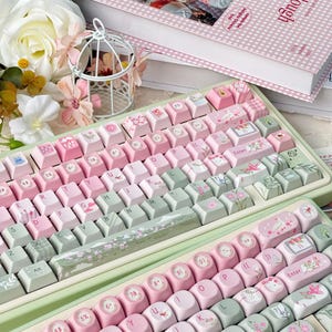 136 keys Spring Floral Keycap Set, Pink Green Keycaps, SOA/Cherry Profile Keycaps, PBT Keycaps, Cherry MX  mechanical keyboard keycaps