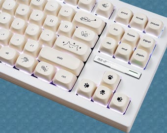 124keys Cute Cat Keycap Set, Minimalist Milky White Keycaps, MOA Profile Keycaps, PBT Keycaps, cherry mx keycap, mechanical keyboard keycaps