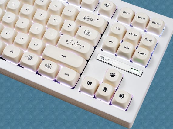 124keys Cute Cat Keycap Set, Minimalist Milky White Keycaps