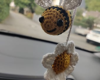 Rückspiegel Anhänger Biene & Blume Farbauswahl XL Biene gehäkelt Dekoration Auto