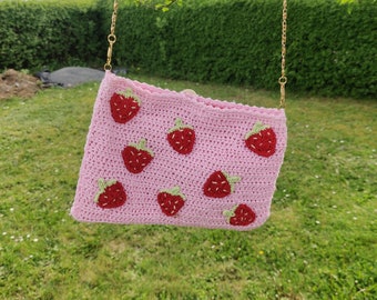 Handtasche Clutch gehäkelt Rosa Erdbeeren Baumwolle Boho Hippie Sommertasche