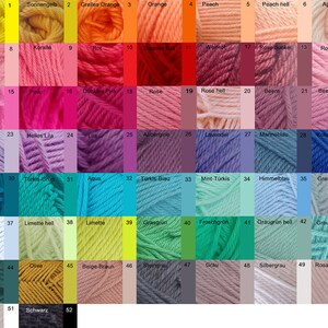 May include: A chart of 52 yarn colors with German names. The colors are arranged in rows and columns, with each color having a number and a name. The colors range from bright yellow to dark gray.