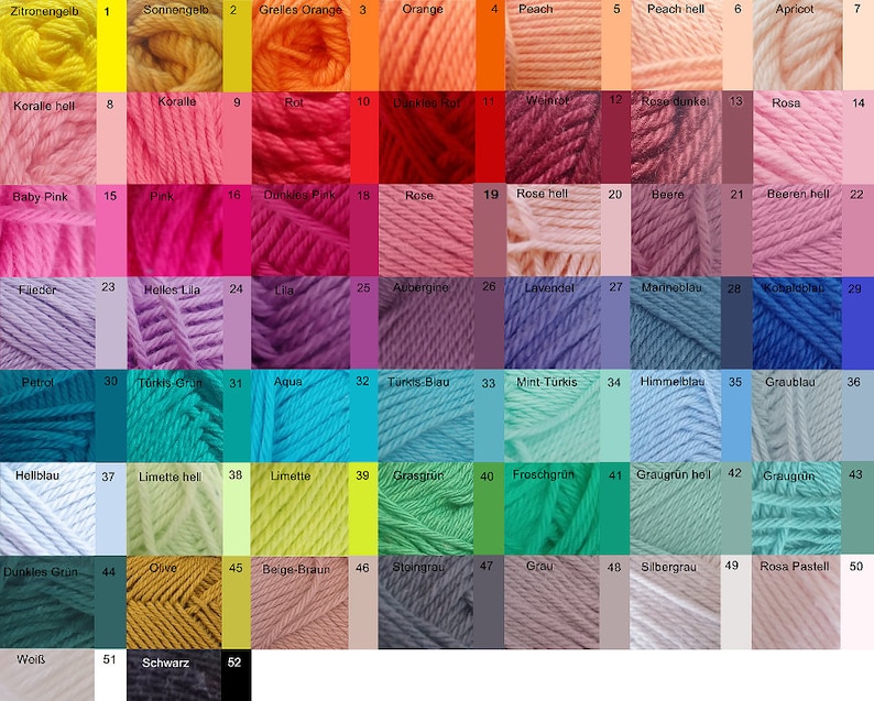 May include: A chart of 52 yarn colors with German names. The colors are arranged in rows and columns, with each color having a number and a name. The colors range from bright yellow to dark gray.