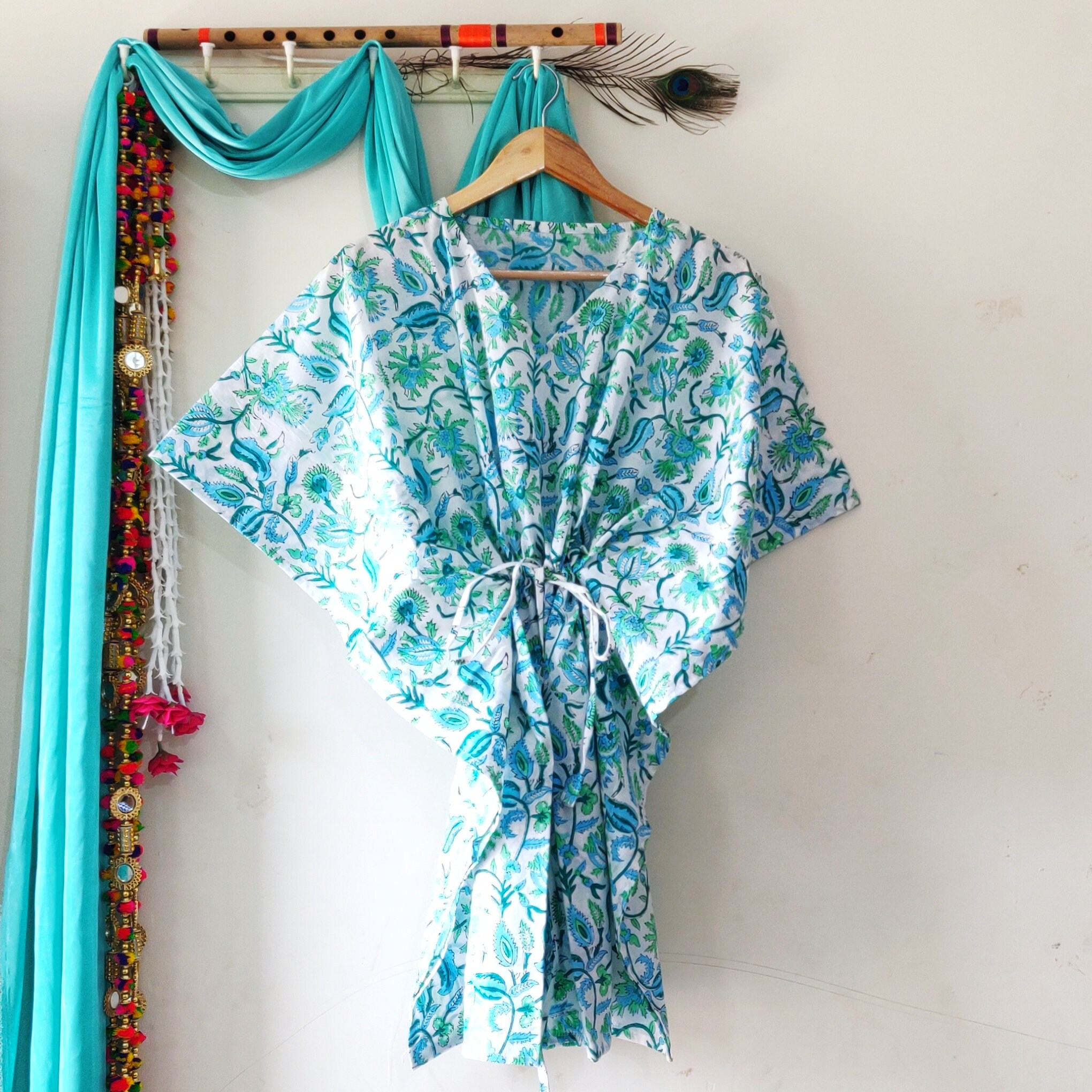 With Drawstring Beach Wear Kaftans Floral Leaves Pattern Etsy UK