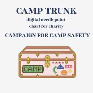 May include: Digital needlepoint chart for charity featuring a pixelated pink camp trunk with gold accents. The trunk has a green "CAMP" label and various pixelated designs. Text above reads "CAMP TRUNK" and "CAMPAIGN FOR CAMP SAFETY."