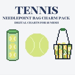 May include: Digital charts for needlepoint bag charms with a tennis theme. The image features a pixelated tennis ball, a container of tennis balls, and a basket of tennis balls. The word "TENNIS" is at the top.