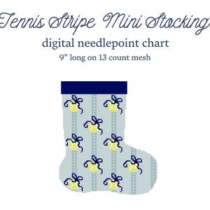 May include: A digital needlepoint chart for a Tennis Stripe Mini Stocking, 9 inches long on 13 count mesh. The design features a light blue stocking with vertical white dotted stripes and a repeating pattern of yellow tennis balls with dark blue bows.
