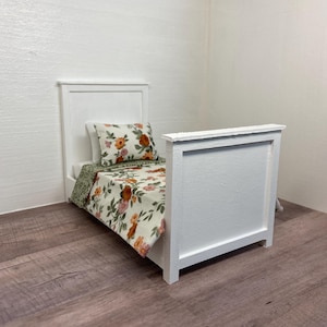 1/12 Scale Handmade Miniature Dollhouse Bed with Green and Orange Floral and Pillows
