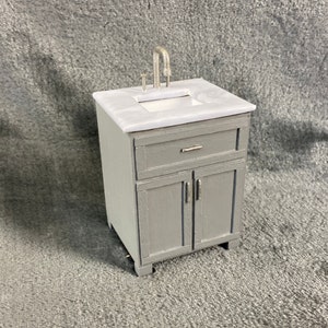 1/12 Scale Handmade Miniature Dollhouse Vanity Grey with White Marble like Countertops and Satin Nickel (Silver) Fixtures