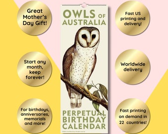 Eulen von Australien Geburtstags-ewiger Kalender, Vintage Kunst, Elizabeth Gould