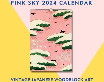 Calendario de pared japonés Pink Sky 2024, arte en madera vintage, lindo calendario de arte japonés, ¡comienza el domingo o lunes! ¡Versión recién editada!