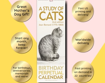 Op de afbeelding: Een zwart-witte illustratie van een kat die op een bal zit. De afbeelding maakt deel uit van een eeuwige verjaardagskalender met de titel "A Study of Cats" van Jean Bernard (1775-1883).