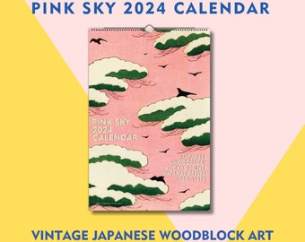 2024 Pink Sky Japanse muurkalender, vintage houtsnedekunst, schattige Japanse kunstkalender, zondag of maandag begint! Nieuw bewerkte versie!