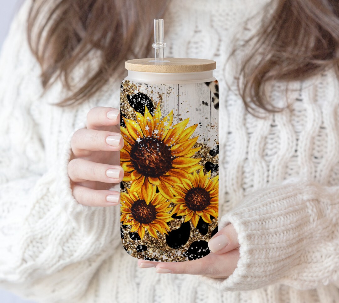 16 Oz Libbey Glass Can Tumbler Sunflower Glitter Leopard ,mum Life ...