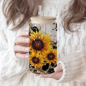 Sunflower Leopard 16 oz Glass Can Tumbler: Mum Life Floral Design (PNG File)