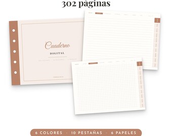 Digital Notebook Spanish, Cuaderno Digital GoodNotes, 302 Páginas, 6 Colores, 10 Pestañas, Libreta Digital iPad, Hyperlinked PDF