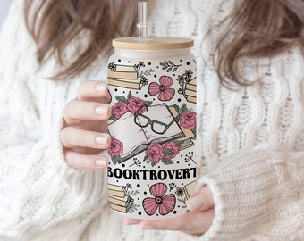 16 oz Libbey Beer Glass Can Boho Booktrovert Reading Lover | Funny Book Lover Floral Book | Reader Book Quotes Bookworm Booktrovert