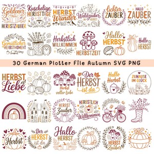 May include: A collection of 30 autumn-themed SVG and PNG files. The designs feature pumpkins, mushrooms, leaves, and text in German, such as "Herbst" and "Hallo Herbst". The color palette includes shades of orange, brown, and burgundy.