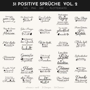 Pode incluir: Uma coleção digital de 31 frases positivas em alemão em texto preto sobre fundo branco, intitulada 31 POSITIVE SPRÜCHE VOL. 2. O gráfico inclui várias fontes caligráficas, pequenos ícones de folhas e flores, e etiquetas de formato SVG, PNG, DXF.