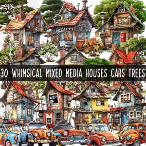 Whimsical Mixed Media Clipart Bundle: Houses, Cars, Trees (PNG, Commercial Use)