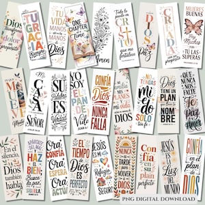 Puede incluir: Una colecci&oacute;n de marcap&aacute;ginas verticales coloridos con citas inspiradoras y temas religiosos. Cada marcap&aacute;ginas presenta dise&ntilde;os &uacute;nicos, incluyendo elementos florales, mariposas y varias fuentes. El texto incluye frases como "Dios", "Fe" y "Paz".