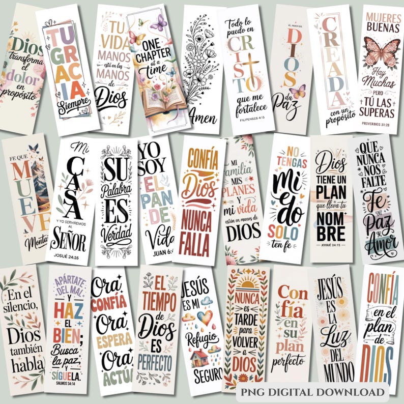 Puede incluir: Una colecci&oacute;n de marcap&aacute;ginas verticales coloridos con citas inspiradoras y temas religiosos. Cada marcap&aacute;ginas presenta dise&ntilde;os &uacute;nicos, incluyendo elementos florales, mariposas y varias fuentes. El texto incluye frases como "Dios", "Fe" y "Paz".