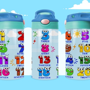 May include: Three blue water bottles with colorful numbers and cartoon faces. The numbers on the bottles are 1-20. The bottles have a blue lid with a spout.