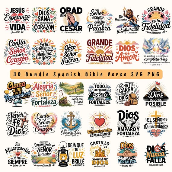 30 Spanish Bible Verse PNG Bundle: Christian Phrases, Frases Cristianas (Digital Download)