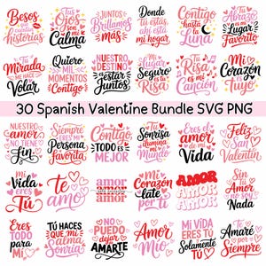 Puede incluir: Un conjunto de 30 diseños españoles para el Día de San Valentín en formatos SVG y PNG. Los diseños presentan frases románticas en rosa y rojo, con corazones y fuentes decorativas. El texto incluye frases como "Te Amo" y "Mi Amor."
