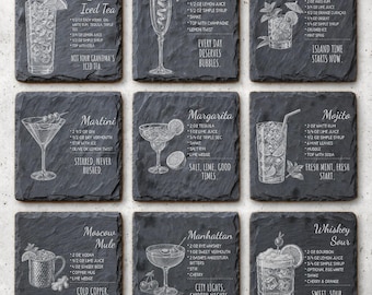 24 Cocktail Slate Coaster Engraving Files | Bartender Recipe Laser PNG, Glowforge Home Bar Decor, Square & Round, Commercial Use