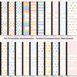 Può includere: Una collezione di 20 segnalibri stampabili con design di quaderni a composizione pastello. Ogni segnalibro mostra motivi unici tra cui scacchi, righe, cuori, pois e faccine sorridenti, con etichette bianche per il testo e il titolo 20 Printable Bookmarks.