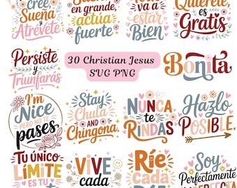 May include: A collection of 16 colorful SVG and PNG designs with inspirational quotes in Spanish. The designs feature floral accents and various fonts. The text "30 Christian Jesus SVG PNG" is also included.
