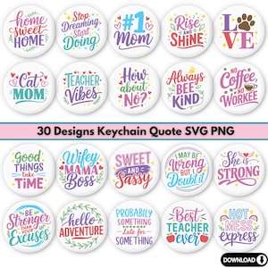 Keychain SVG Bundle 30 Designs | Funny Quotes | Retro Keychain Designs | Round Keychain SVG | Cute Keychain Patterns Cricut Cut Files png