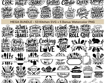 53 Kitchen SVG Bundle | Funny Kitchen Quotes Svg, Split Monogram Frame, Cooking Baking Sayings Png Dxf Eps, Cricut Cut File, Cutting Board