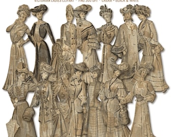 14 Paper Cutout Women | Victorian Ladies Clipart PNG, Mixed Media Vintage Newsprint Figures, Junk Journal Fussy Cut Ephemera