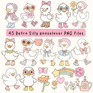 45 Bundle Retro Pastel Spring Cute Funny Silly Goose Clipart PNG Bundle | Cute Farm Animals | Easter Duckling Art Kawaii Spring Download PNG