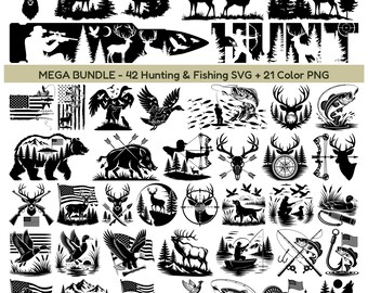 63 Hunting Fishing Bundle | 42 SVG Cut Files + 21 Sublimation PNG, Deer Duck Bass Svg Dxf Eps, Hunting Shirt Design, Cricut Laser File